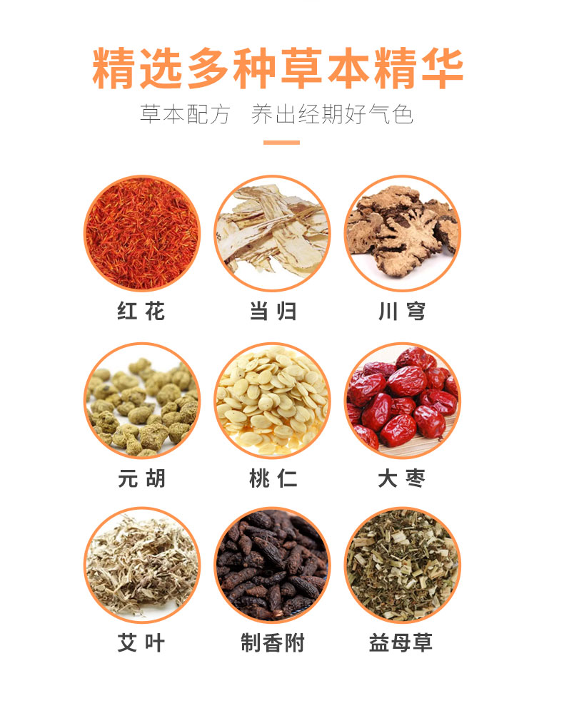 紅花、當(dāng)歸、益母草等數(shù)十味草本萃取