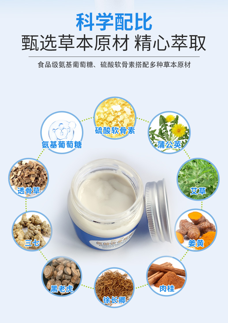 科學(xué)配比，甄選草本原材精心萃取，食品級氨基葡萄糖、硫酸軟骨素搭配多種草本原材